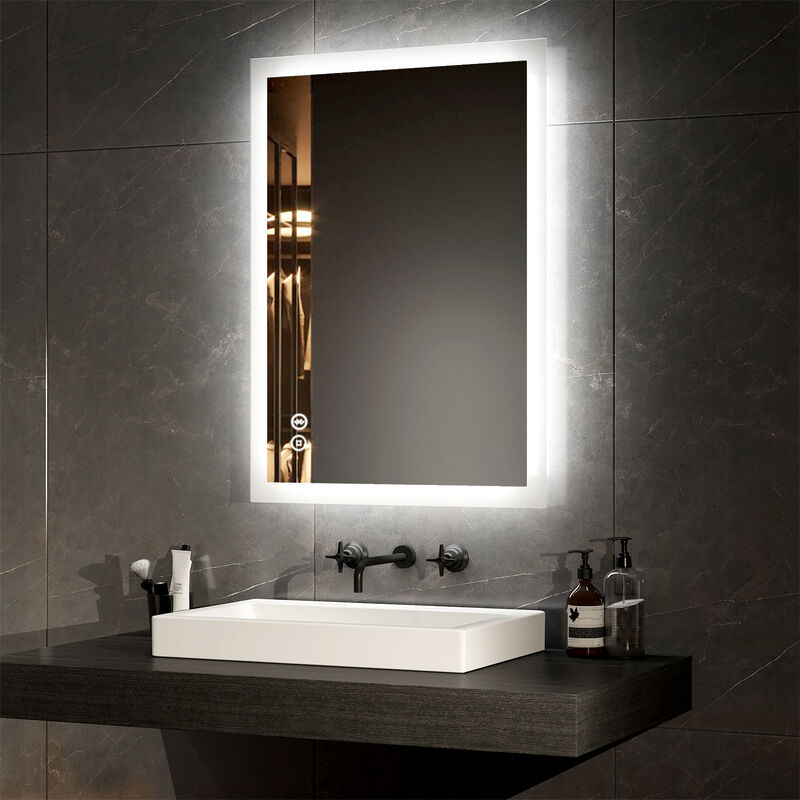 Led Bathroom Mirror Bluetooth Bathroom Mirror with Shaver Socket Dimmable Backlit Cosmetic Mirror with Demister, Fuse, 500x700mm - Emke