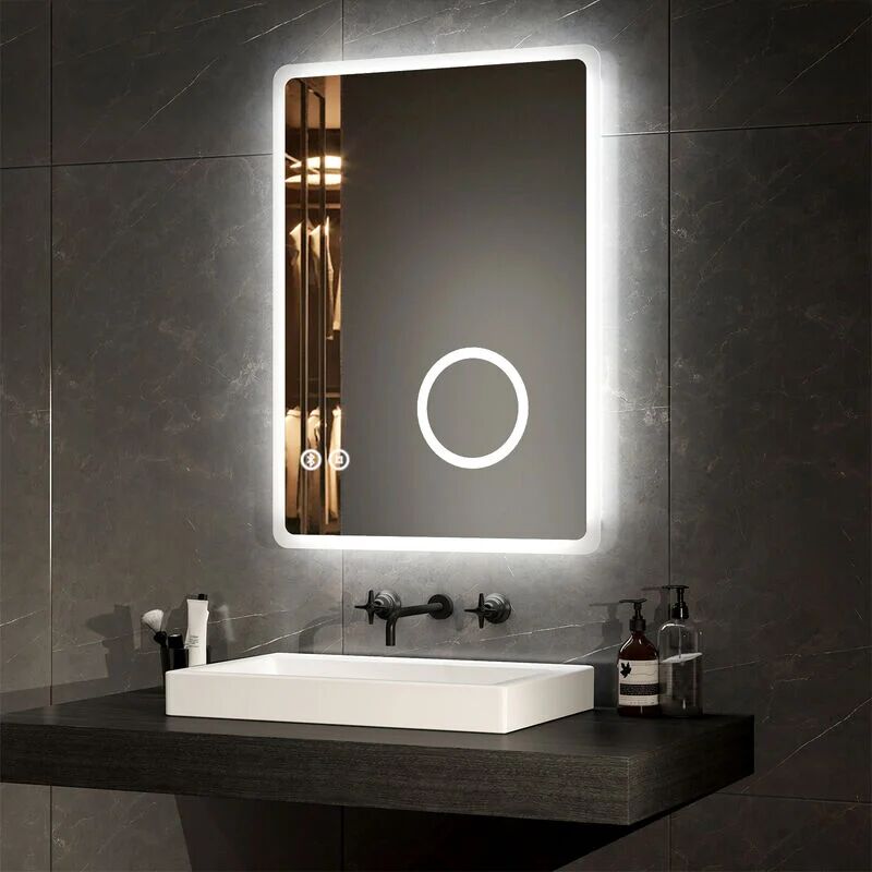 Led Bathroom Mirror Bluetooth Bathroom Mirror with Shaver Socket Dimmable Backlit Cosmetic Mirror with Demister, 3X Magnifier, 500x700mm - Emke