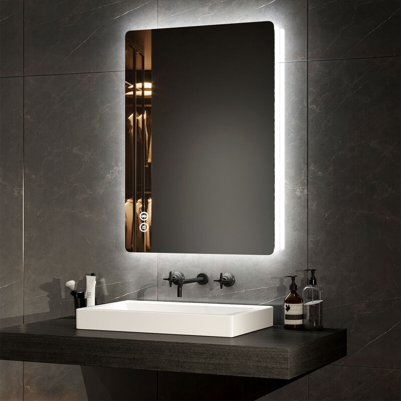 Led Bathroom Mirror Bluetooth Bathroom Mirror with Shaver Socket Dimmable Backlit Cosmetic Mirror with Demister, Fuse, 50x70cm - Emke