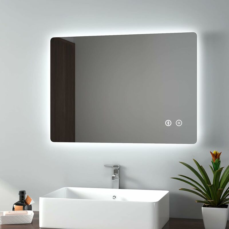 Emke - Backlit Illuminated Bluetooth Bathroom Mirror with Shaver Socket Vanity Mirror with led Lights, Demister, Fuse, 500x700mm