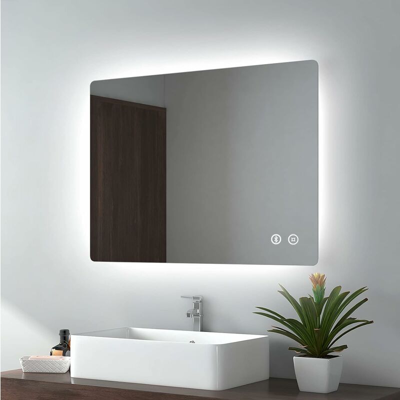 Emke - Backlit Illuminated Bluetooth Bathroom Mirror with Shaver Socket Vanity Mirror with led Lights, Demister, Fuse, 600x800mm