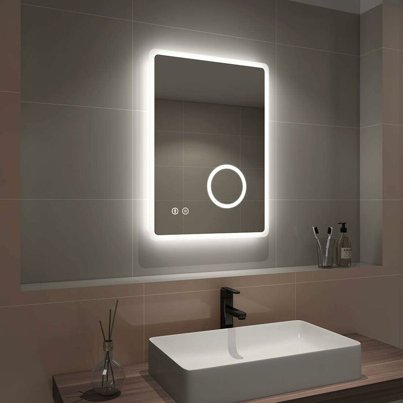 EMKE Backlit Illuminated Bluetooth Bathroom Mirror with Shaver Socket Wall Mounted led Bathroom Vanity Mirror, Anti Fog, 3-Fold Magnification, 500x700mm