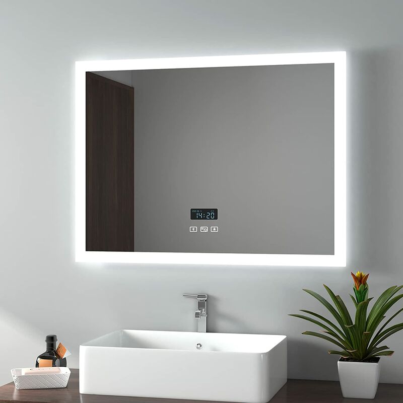 Emke - Backlit Illuminated Bluetooth Bathroom Mirror with Shaver Socket, 800x600mm Bathroom Mirror with Fuse, Demister, Clock