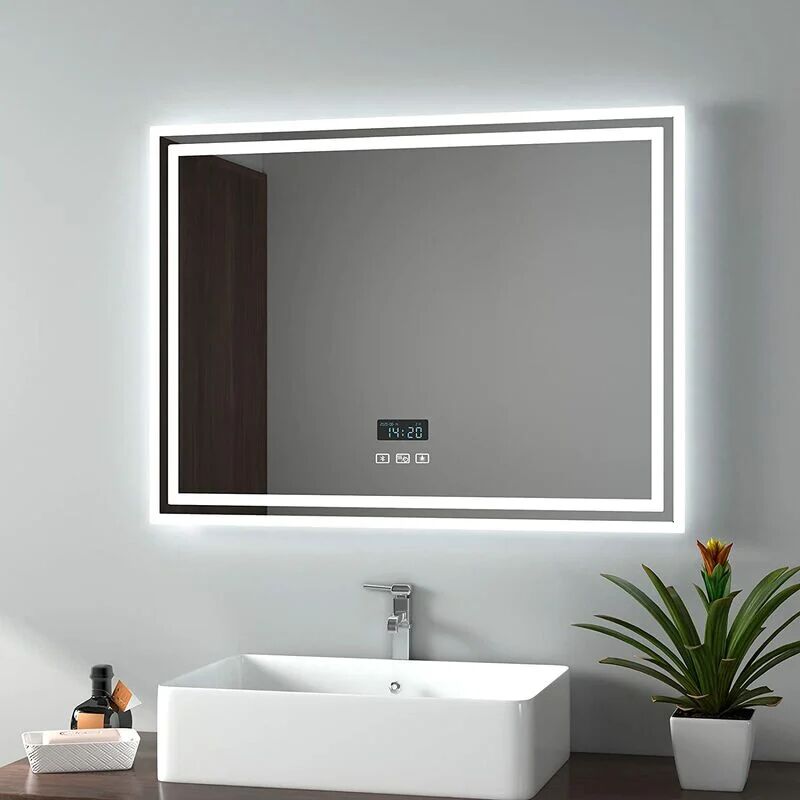 Backlit Illuminated Bluetooth Bathroom Mirror with Shaver Socket, 800x600MM Bathroom Mirror with Fuse, Demister, Clock - Emke