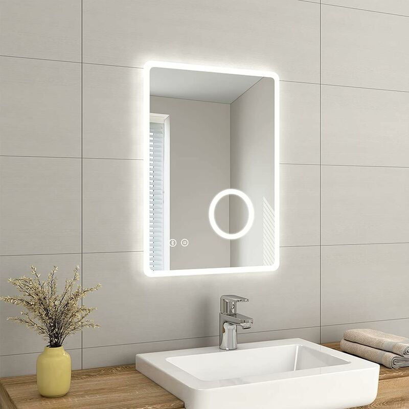 EMKE Backlit Illuminated Bluetooth Bathroom Mirror with Shaver Socket Wall Mounted Multifunction LED Bathroom Vanity Mirror with Lights, Demister Pad