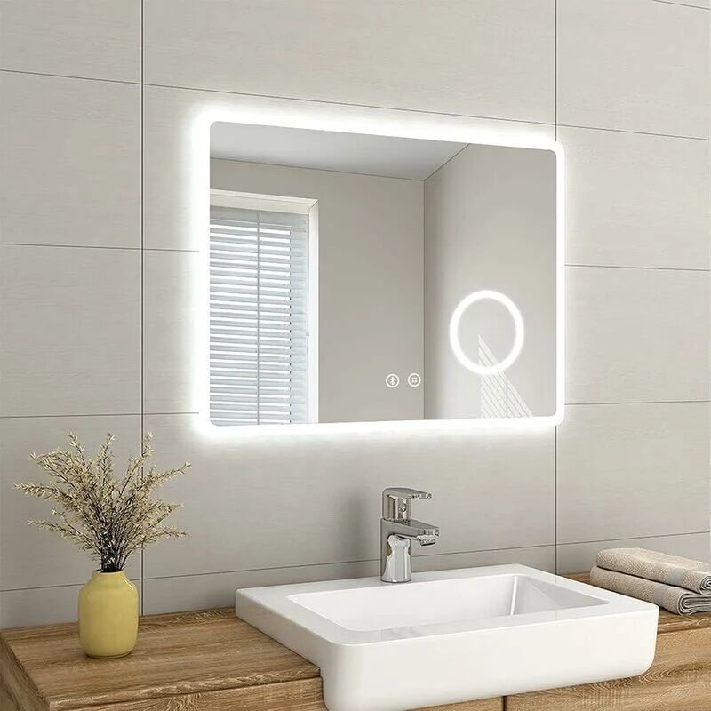 Emke - Backlit Illuminated Bluetooth Bathroom Mirror with Shaver Socket Wall Mounted Multifunction led Bathroom Vanity Mirror with Lights, Demister