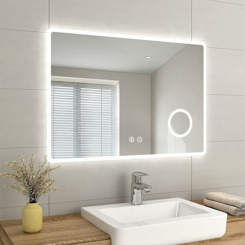 EMKE Backlit Illuminated Bluetooth Bathroom Mirror with Shaver Socket Wall Mounted Multifunction led Bathroom Vanity Mirror with Lights, Demister Pad and