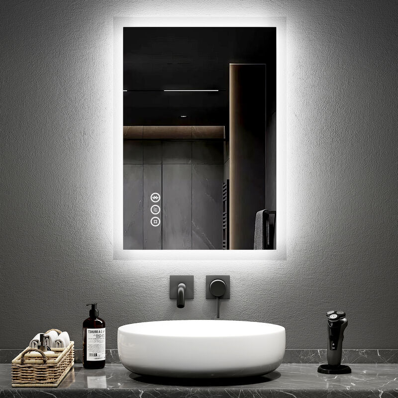 Emke - Blue Atmosphere Light led Illuminated Bluetooth Bathroom Mirror with Shaver Socket 50X70cm Two Colour Dimmable Defog Mirror