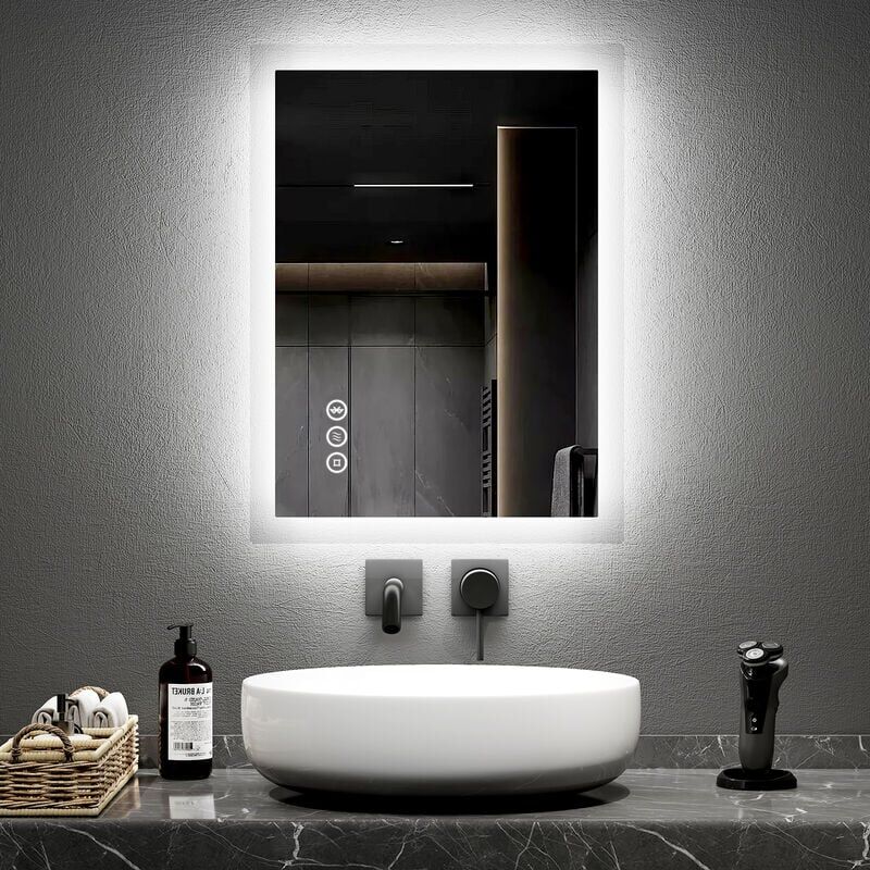 Emke - Blue Atmosphere Light led Illuminated Bluetooth Bathroom Mirror with Shaver Socket 45X60cm Two Colour Dimmable Defog Mirror