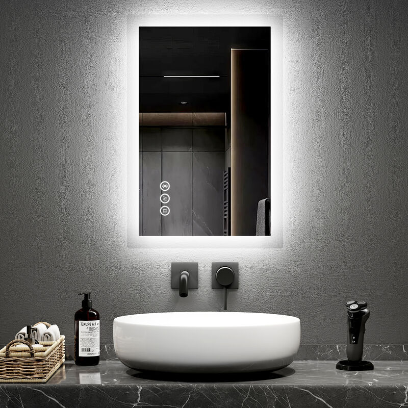 Emke - Blue Atmosphere Light led Illuminated Bluetooth Bathroom Mirror with Shaver Socket 40X60cm Two Colour Dimmable Defog Mirror