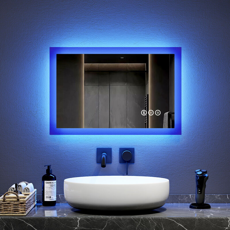 Blue led mirror with Shaver Socket 40X60cm Bluetooth Bathroom Mirror Two Colour Dimmable Defog Mirror, Horizontal/Vertical - Emke