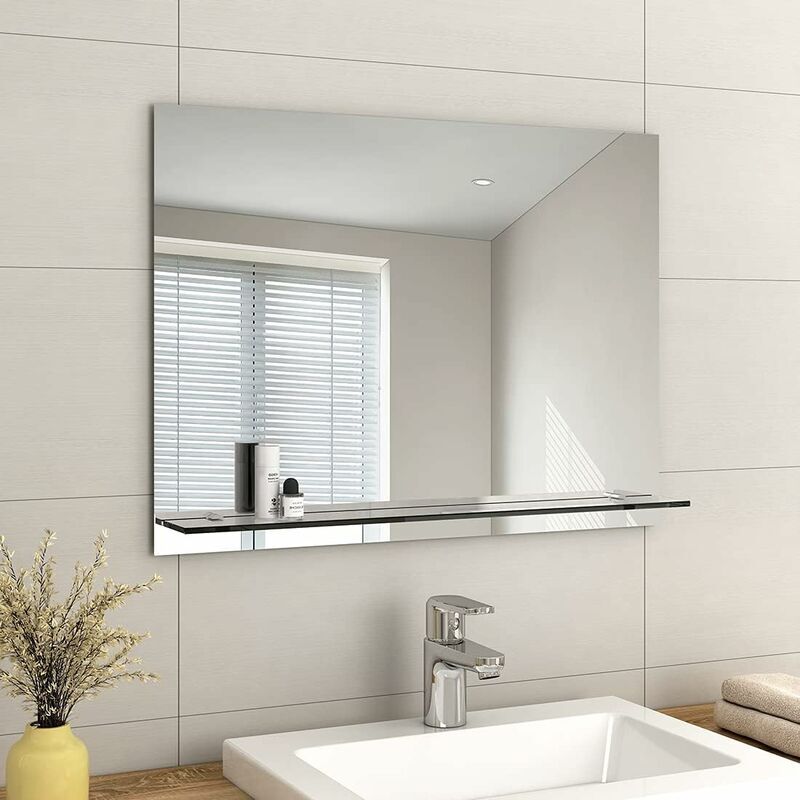 Emke - Frameless Mirror with Shelf - Small Bathroom Wall Shaving Mirror with Storage, Rectangle Vanity Mirrors 60x80cm