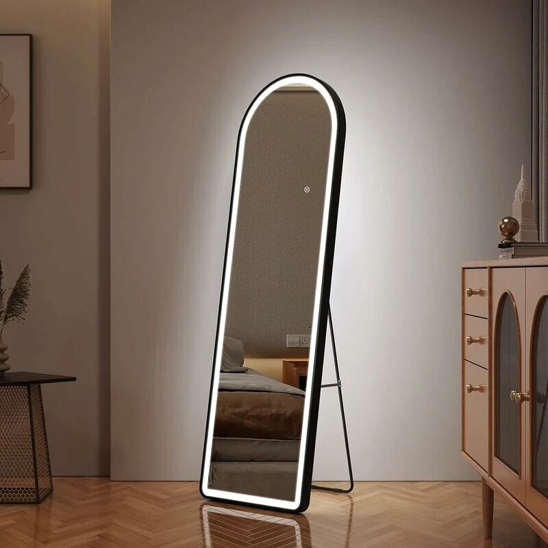 Full Length Mirror with Led Lights Free Standing Floor Mirror Arched Dressing Mirror with Dimming & 3 Color 147x45cm Black - Emke