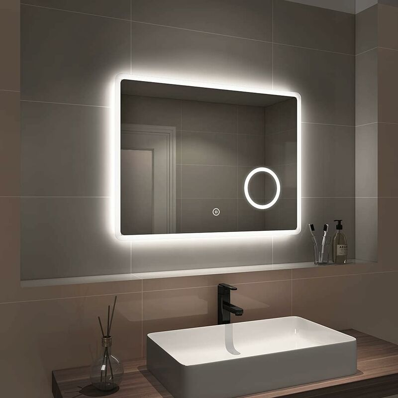 Led Bathroom Mirror Illuminated Wall Mirror Touch Switch + Demister Pad + Shaver Socket + 3X Magnifying Mirror, 800 x 600mm, Horizontal - Emke