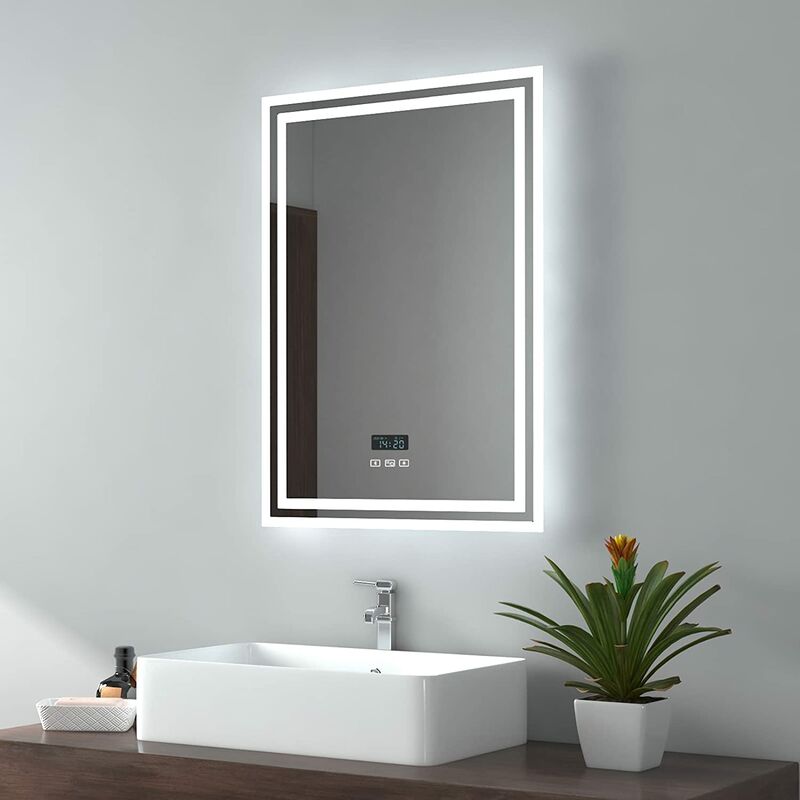 Emke - Backlit Illuminated Bluetooth Bathroom Mirror with Shaver Socket, 500x700MM Bathroom Mirror with Demister, Clock, 3 Color
