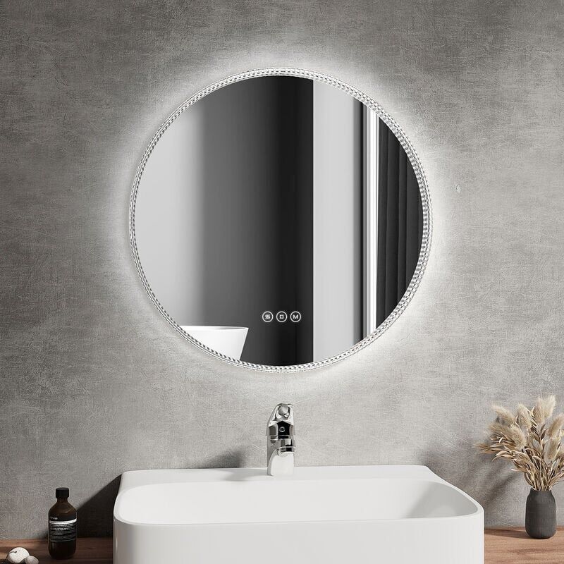 Round Bathroom Mirror with led Lights 600MM Dimmable 3 Colours Illuminated Crystal Frame Fashion Defogging Mirror - Emke