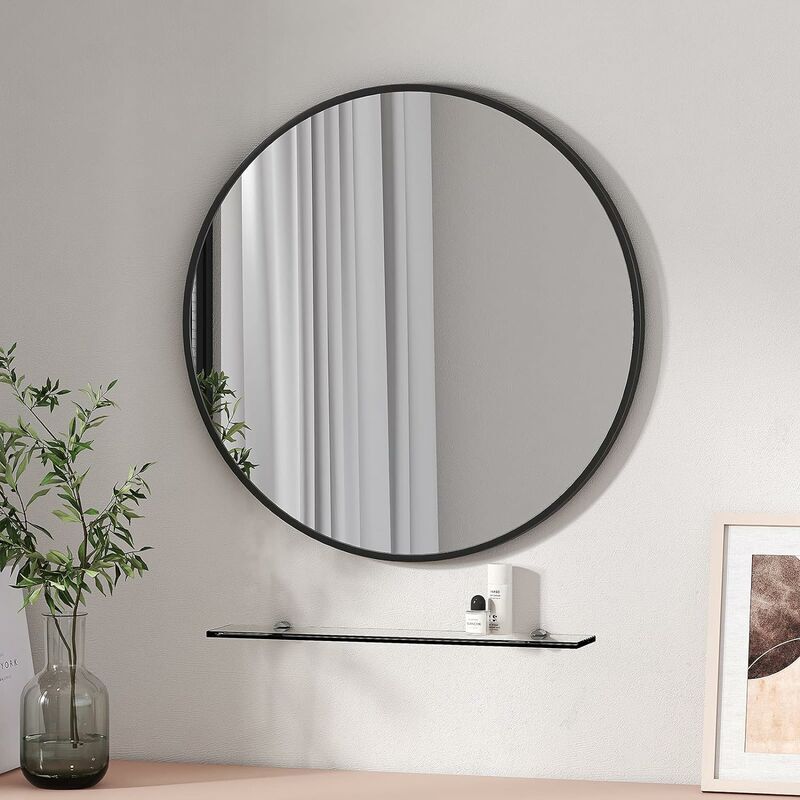 Emke - Round Mirror for Wall Black Metal Frame Circle Mirror, 60cm Bathroom Wall Decorative Mirror with 48cm Shelf
