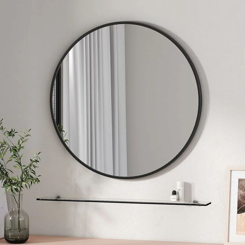Emke - Round Mirror for Wall Black Metal Frame Circle Mirror, 70cm Bathroom Wall Decorative Mirror with 78cm Shelf