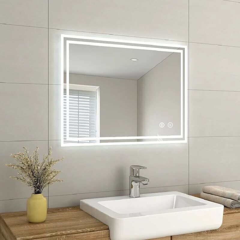 Emke - Shaver Bathroom Mirror with Bluetooth Speaker, Backlit led Illuminated Bathroom Mirror with Fuse & Demister, 600x800mm