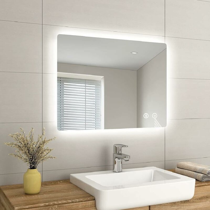 Backlit Bathroom Bluetooth Mirror with Fuse, led Bathroom Mirror with Shaver Socket & Demister, 600x800mm - Emke
