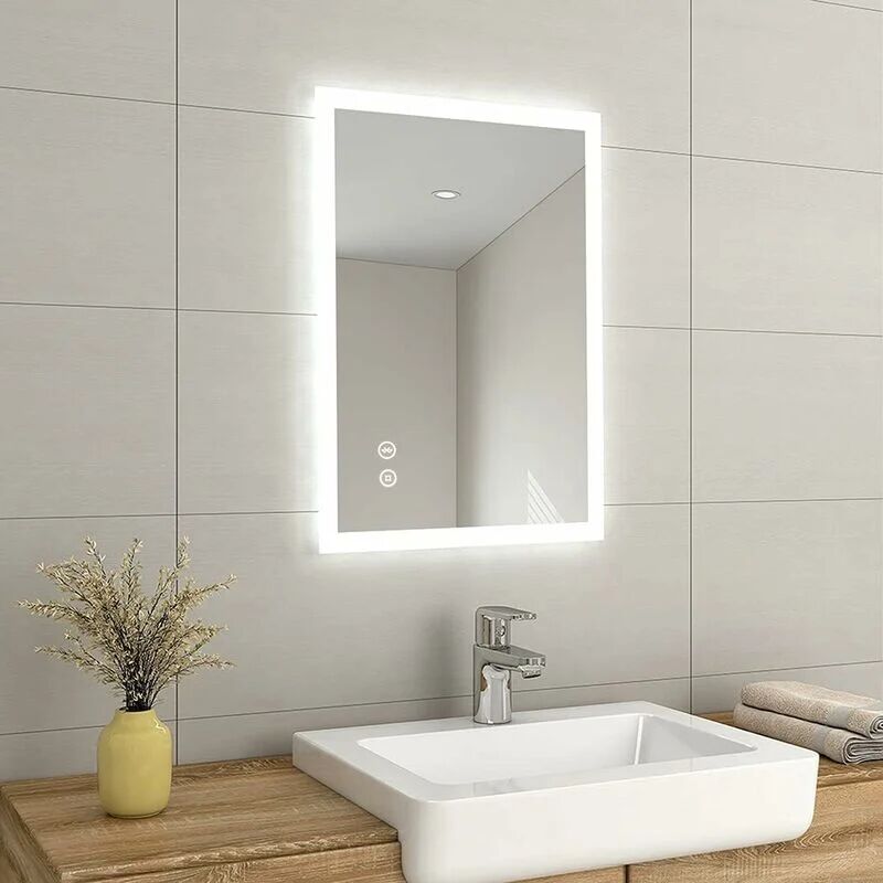 Backlit Illuminated Bluetooth Bathroom Mirror with Shaver Socket, Wall Mounted Smart Mirror with Fuse & Demister, 500x700mm - Emke