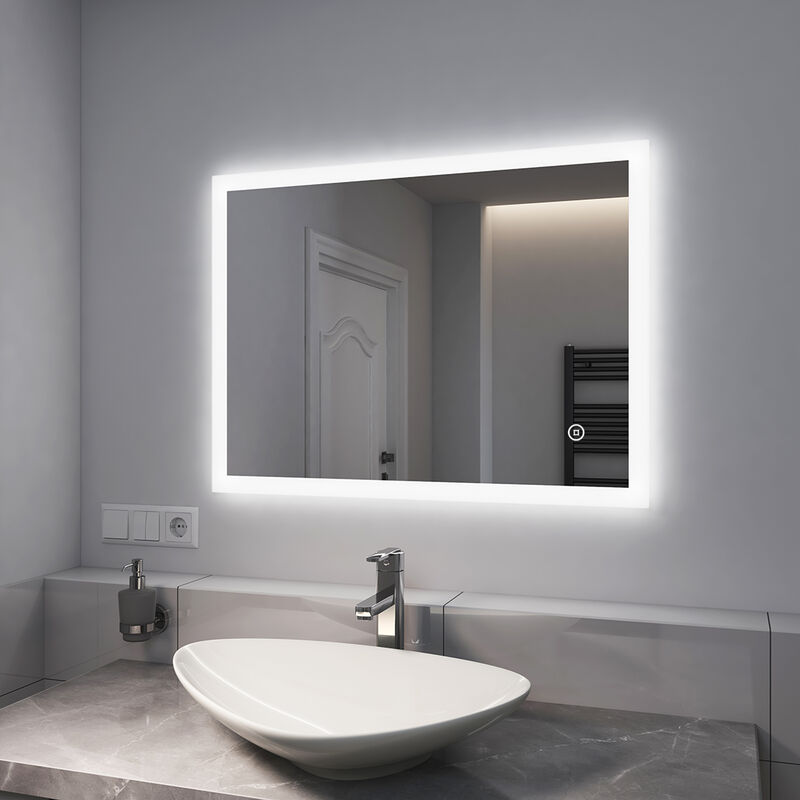 Bathroom Mirror with Shaver Socket, Wall Mounted led Mirror with Extra Fuse, Dimmable & Demister, 600x800mm Horizontal / Vertical - Emke