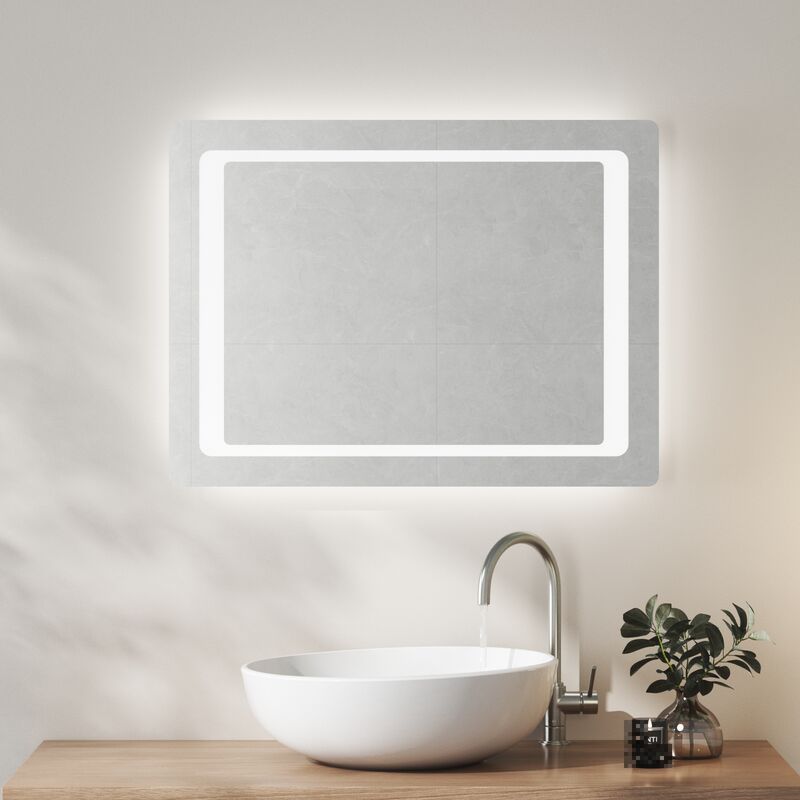 HEILMETZ Illuminated Bathroom Mirror with Shaver Socket 800×600mm, Wall Mounted Multifunction led Bathroom Vanity Mirror with Sensor Switch + Demister