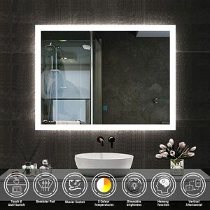 Acezanble - 500 x 700mm Bathroom Illuminated led Mirror with Demister Pad + Shaver Socket 3 Color Lights Dimmable Wall Mounted Bathroom Makeup Mirror