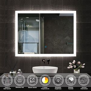 Acezanble - 600x800mm Bathroom Mirror with Shaver Socket, Wall Mounted led Mirror with 3 Colors Lighting Modes, Dimmable & Demister, Horizontal /