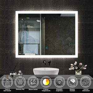 Acezanble - Illuminated Led Bathroom Mirror 800 x 600mm with Demister Pad + Shaver Socket 3 Color Lights Dimmable Wall Mounted Bathroom Makeup Mirror