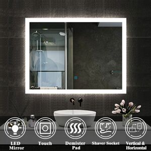 Acezanble - Illuminated Led Bathroom Mirror with Shaver Socket 800x600mm Wall Mounted Bathroom Mirror with led Lights Demister Pad Touch Switch