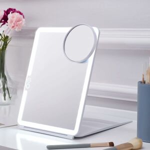 Led Foldable Travel Makeup Mirror - 7' x 9' 3 Light Modes usb Rechargeable Touch Screen, Portable Tabletop Cosmetic Mirror (White) - Alwaysh