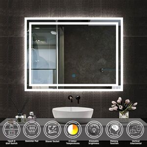 Acezanble - Bathroom led Mirror with Shaver Socket, Bathroom Mirrors with 3 Colors Lights, Dimmable & Demister, Wall Switch Touch Switch 600x800mm