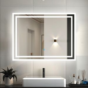 800 x 600mm Illuminated Bathroom Mirror with Shaver Socket Fogless Dimming 3 led Colors - Biubiubath