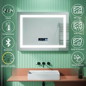 800 x 600 mm Bathroom Mirror with led Multifunction Bedroom Vanity Mirror with Shaver Socket, Bluetooth, Demister Pad, Adjustable Light - Elegant