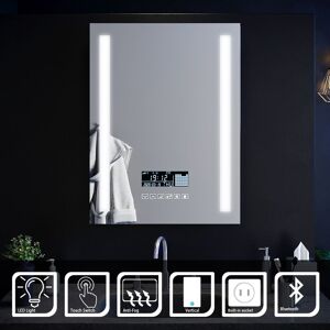 Anti-foggy Wall Mounted Mirror led Illuminated Bathroom Mirror with Bluetooth Audio 600 x 800mm + Clock Function + Shaver Socket - Elegant