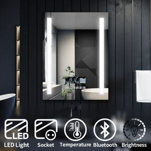 Clock Temperature Display Mirror Round Backlit Illuminated Bathroom Mirror 600x800mm Bathroom Mirror with and Shaver Socket - Elegant