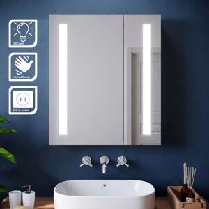 Elegant - Stainless Steel Vertical Bathroom Mirror Cabinet Backlit Illuminated led Bathroom Storage Double Mirror 600x700mm with Shelf, Socket,