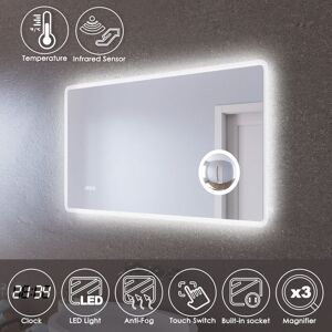 Elegant - led Illuminated Bathroom Mirror with Infrared Sensor 1000 x 600mm with 3 Times Magnifying Glass Shaving Socket Clock Display Anti-foggy Led