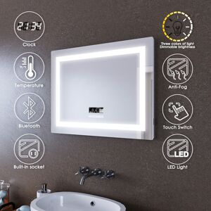 Elegant - led Illuminated Bathroom Mirror with Light 800 x 600 mm Sensor + Demister + Bluetooth Audio + Shaver Socket + Temperature Display