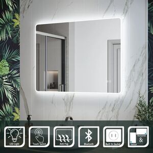 Elegant - Modern led Bathroom Mirror with Sensor Touch Switch, Demester Pad, Shaver Scocket and Bluetooth Speakers Smart Illuminated Bathroom Mirror