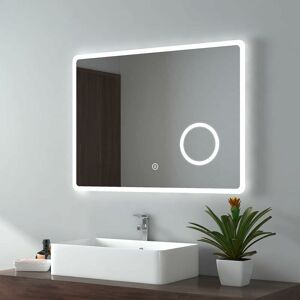 Bathroom Mirror with Shaver Socket Backlit led Illuminated Bathroom Mirror with Demister, 3X Magnify Makeup Touch Mirror, 800x600mm - Emke