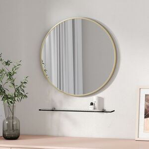 Emke - Round Mirror Decorative Modern Metal Wall Mounted Gold Circle Mirror, 50cm Bathroom Wall Mirror with 48cm Shelf