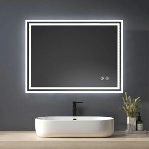 Heilmetz Modern Illuminated LED Bathroom Mirror 800 × 600mm Wall Mounted Mirror with Touch Switch + Demister + Buletooth + Sockets