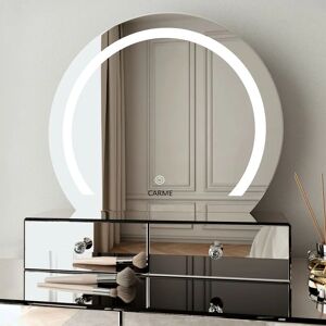 CARME HOME Kendall Desktop Round Mirror with Touch Sensor LED Lights 3 Changing Colours and Drawers Storage Compartment Organiser Bedroom Furniture (Silver)