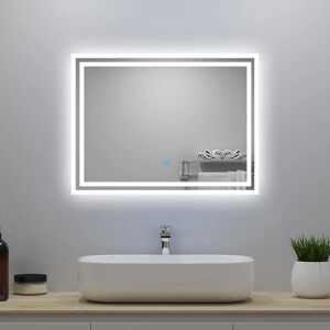 AICA SANITAIRE Led Bathroom Mirror with led Lights and Demister Touch Sensor Wall Mounted - 800x600mm Shaver Socket+2 usb Ports+Dimmable 3 Light Colour - White