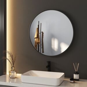 Bathroom Round Mirror ф60cm Modern Bathroom Hanging Wall Mirror Black Frame with Adjustable Leather Strap - Meykoers