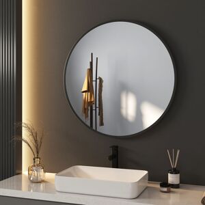 Bathroom Round Mirror ф70cm Modern Bathroom Hanging Wall Mirror Black Frame with Adjustable Leather Strap - Meykoers