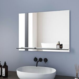 Bathroom Mirror 80x60cm with Shelf, Frameless Wall Mounted Bathroom Mirror with storage shelf - Meykoers