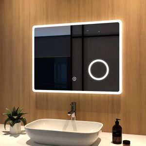 Led Bathroom Mirror 80x60cm Illuminated Vanity Mirror with Touch, Demister, 3x magnifier & Shaver socket - Meykoers